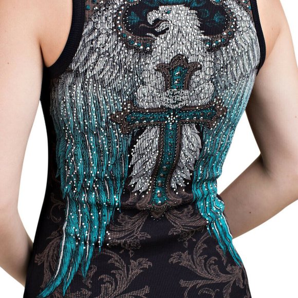 NWT VOCAL TANK top MOTO WINGS CROSS SM-3X black biker harley angel wings - Picture 6 of 7
